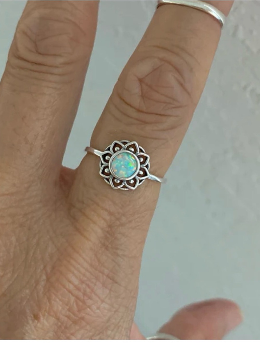 White Gold Plated Floral Halo Ring with Opal Center. New. - Picture 6 of 11